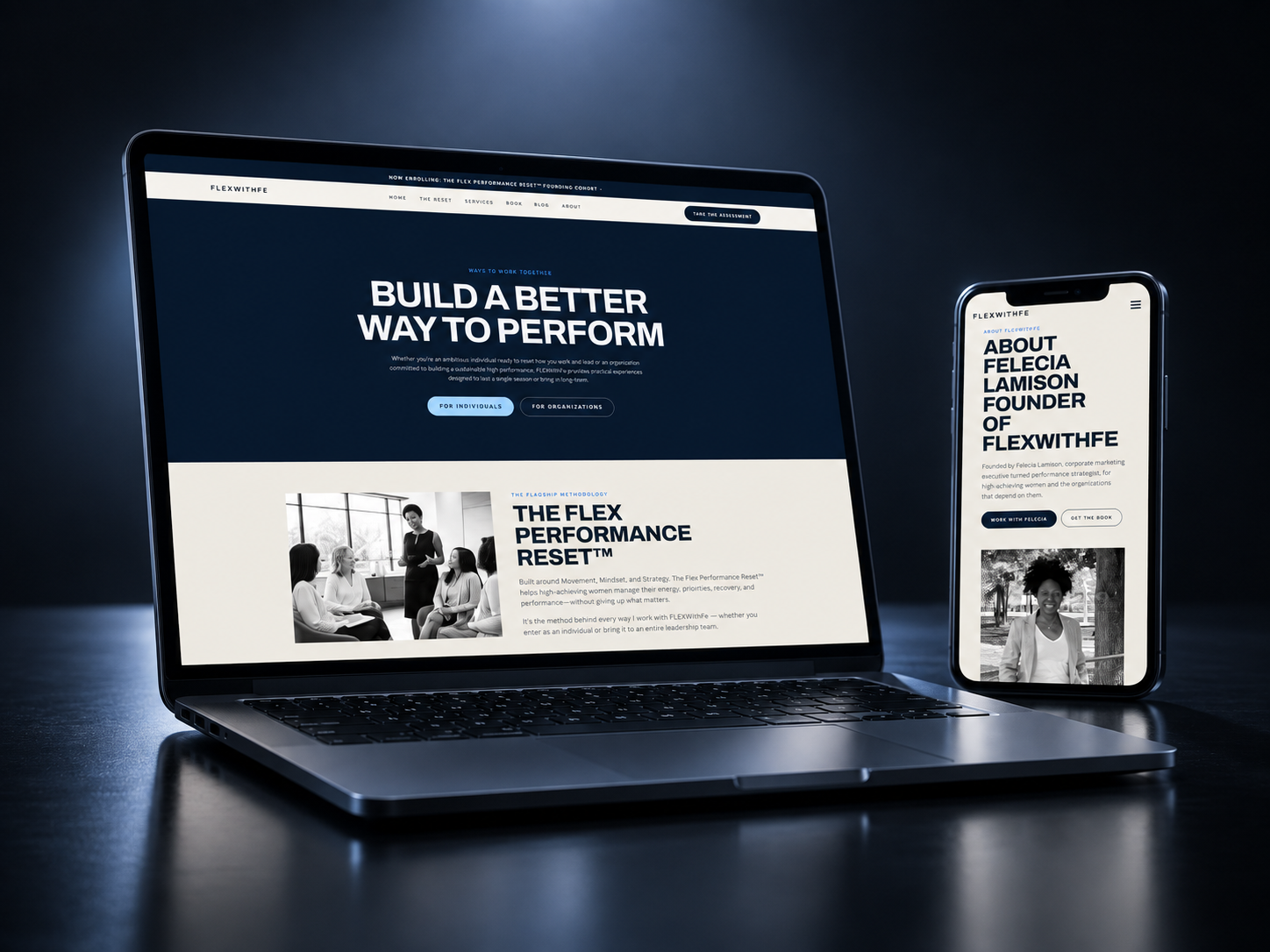 FlexWithFE · Executive Coaching & Consulting website mockup shown on a laptop and phone