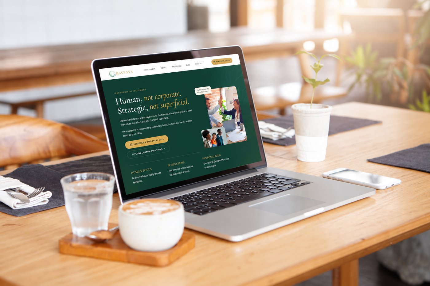 Mavenyx · Leadership Development & Coaching website mockup shown on a laptop and phone