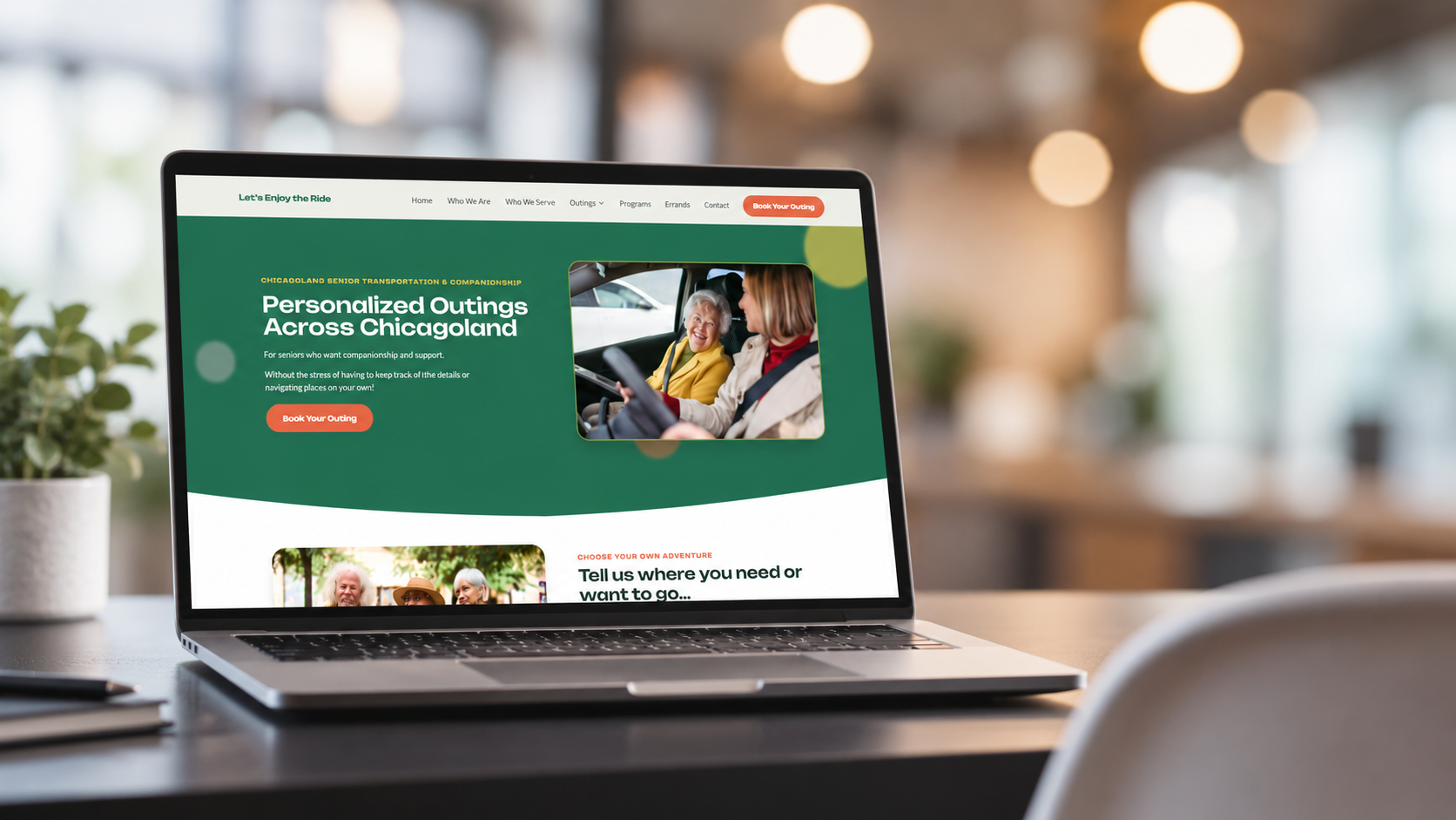 Chicago Senior Rides · Senior Transportation Services website mockup shown on a laptop and phone