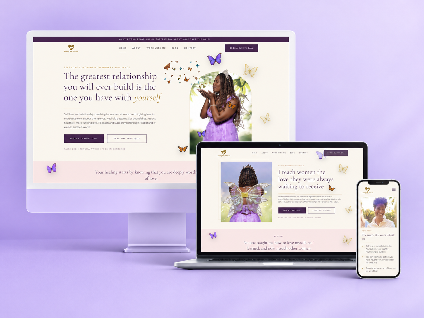 Loving Me First Co.  website mockup shown on a laptop and phone