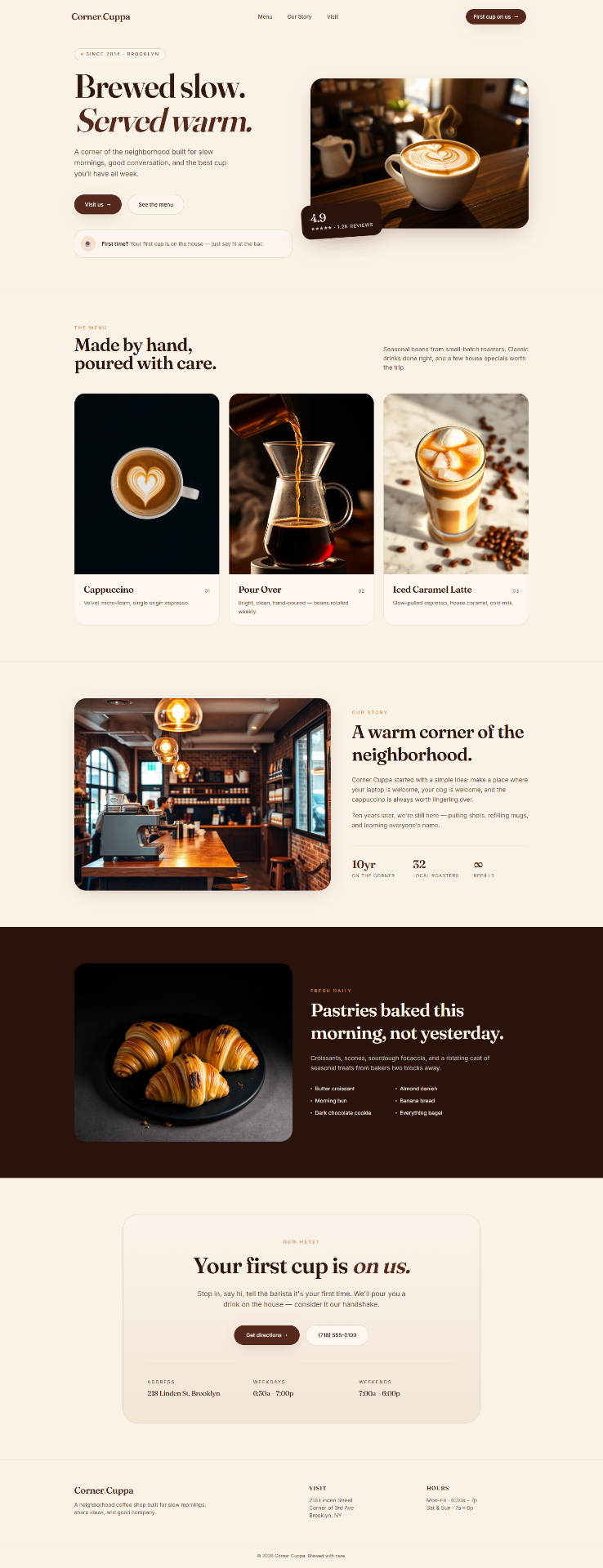Local café website design with menu, hours, and online ordering links